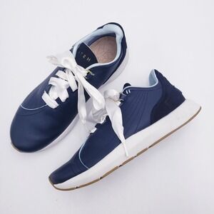 Saysh‎ Two Sneakers Navy Blue Leather Lace Up Shoes Comfort Ribbon Laces Women's